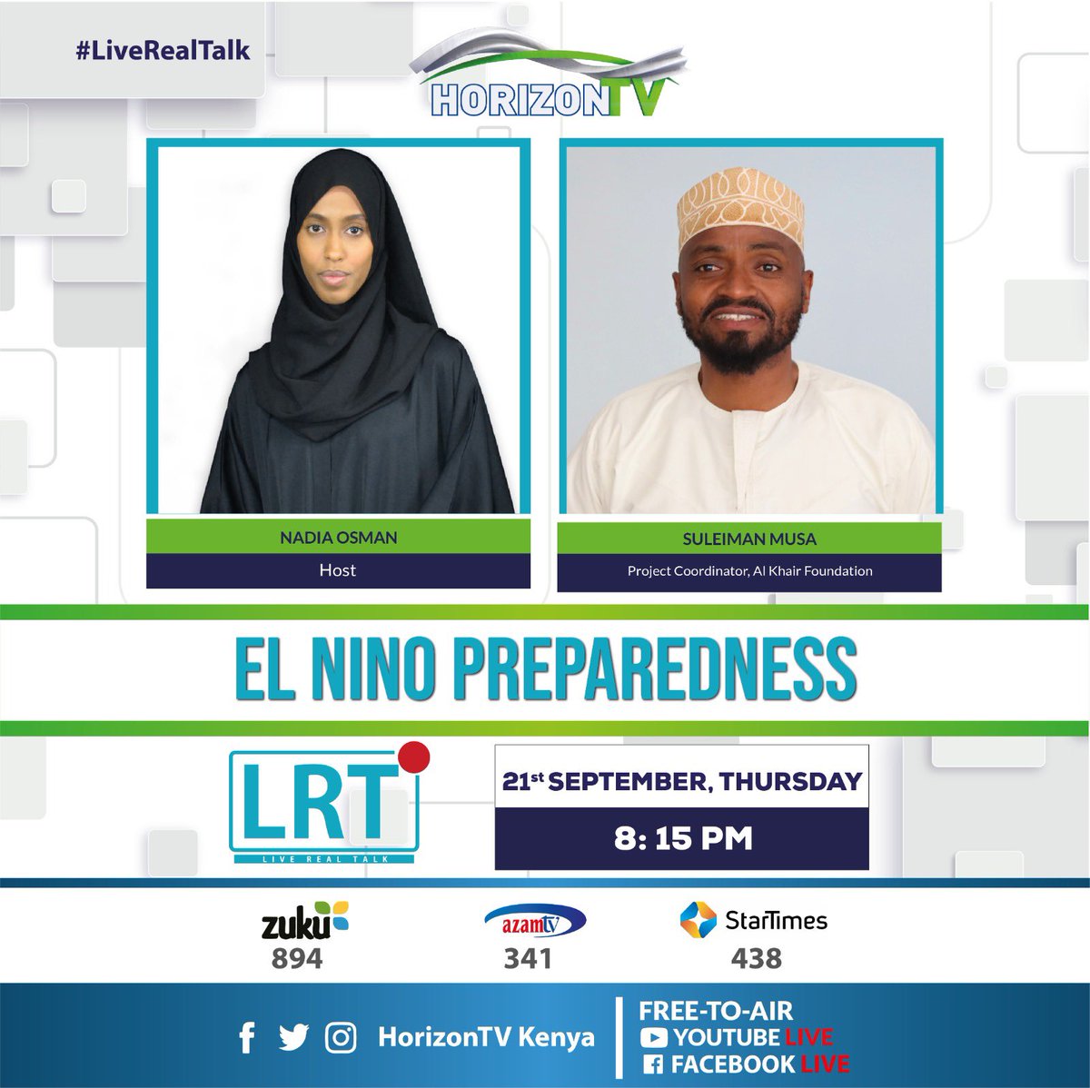 JamiaTvKenya's tweet photo. El NINO PREPAREDNESS
Tonight on #LRT we dive into the preparedness with Suleiman musa,project coordinator at Al Khair Foundation .
Host @aaa_naadia
Tune in at 8:15pm
Tune in and be part of the conversation
#ElNino #prep #liverealtalk https://t.co/TkTn9JGWXu