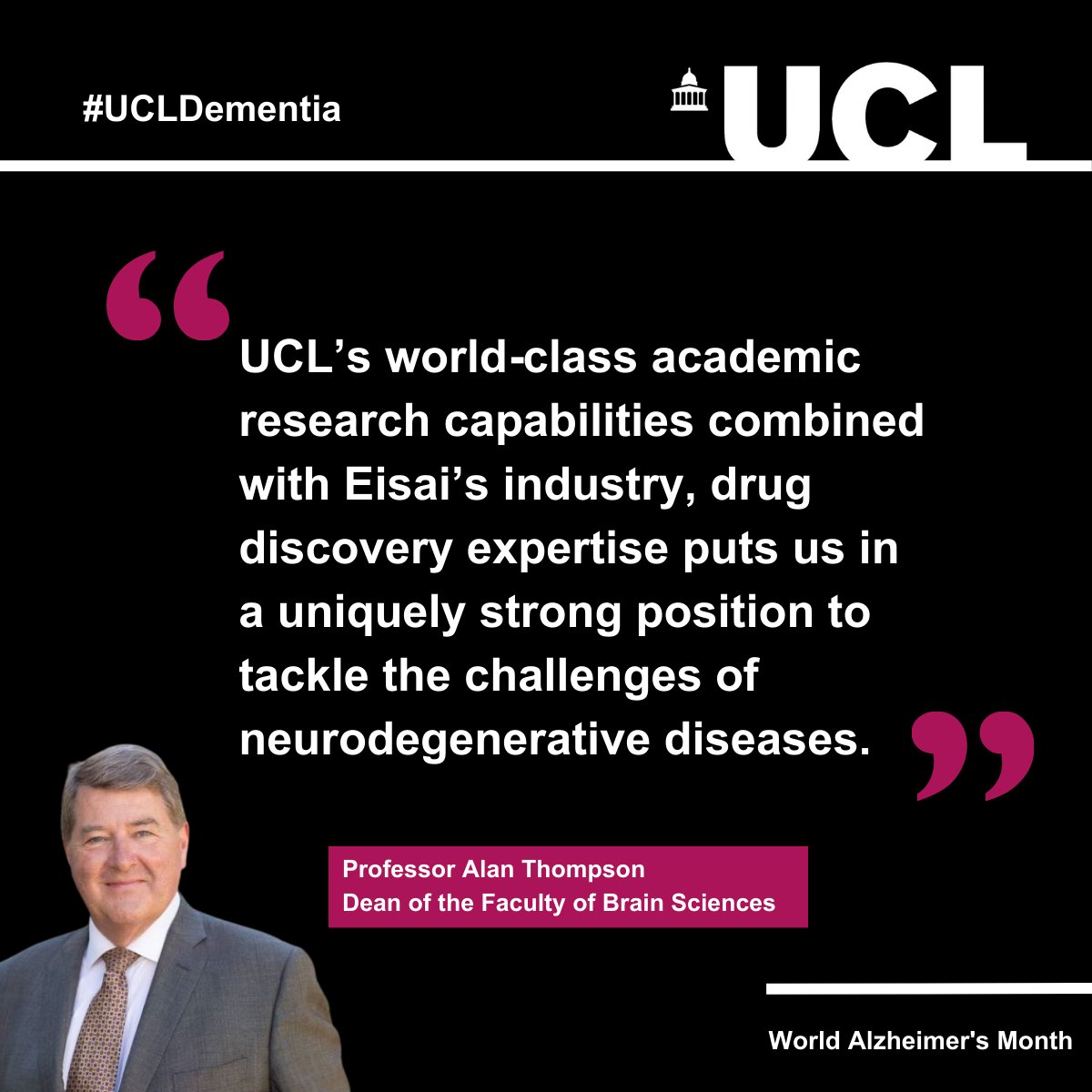 For over a decade, UCL scientists & global research based pharmaceutical company Eisai have been working together on a research programme with the aim of developing solutions for patients with neurogenerative diseases #UCLDementia #WorldAlzheimersMonth #UCLGlobal