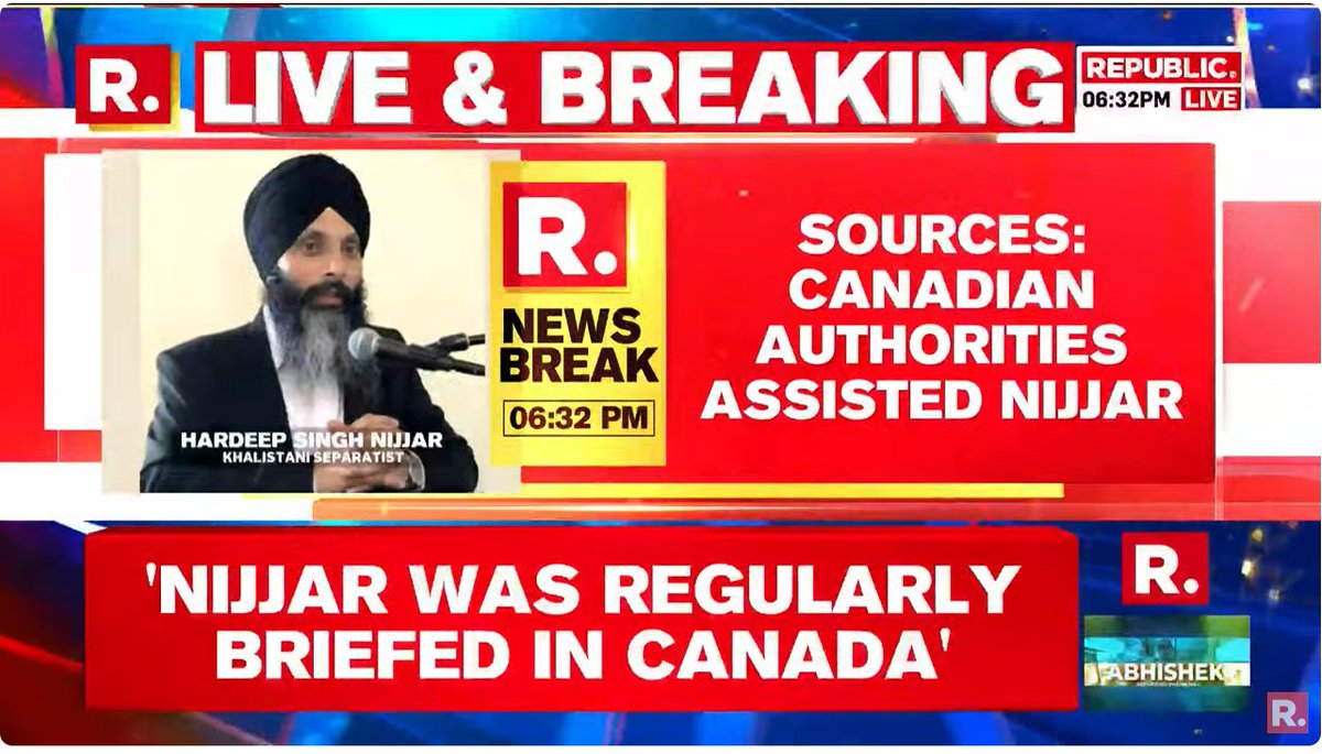 republic's tweet photo. #BREAKING | Sources say that Hardeep Singh Nijjar was in touch with the Canadian Intelligence Agency before his killing. He was being regularly briefed and assisted by Canadian authorities. 

#HardeepSinghNijjar #Canada #Canadian #India #Khalistani #Khalistan 

WATCH #LIVE only here-https://t.co/M2UwHTPYpp
