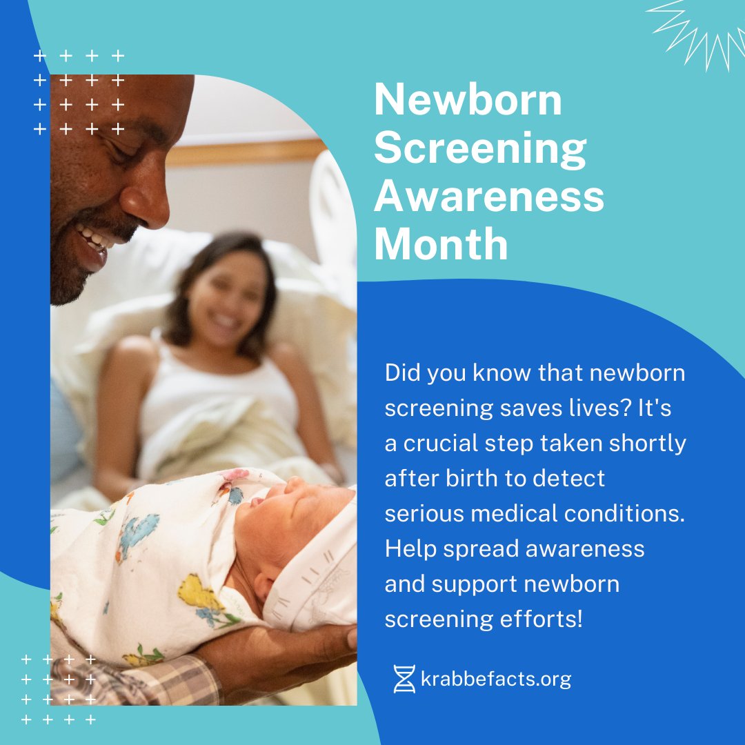Newborn screening saves lives and is a crucial step taken shortly after birth to detect serious medical conditions. 💙 Help spread awareness and support newborn screening efforts!

#NewbornScreeningAwarenessMonth #KrabbeDisease #EarlyDetection #NewbornHealth #KrabbeFacts