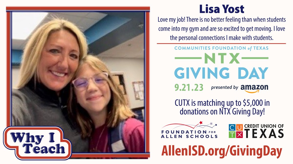 Allen_ISD's tweet photo. A teacher’s influence impacts the future success of our students and families. You can support teachers by giving to the Foundation on North Texas Giving Day. Funds raised go toward teacher training, recognition, and classroom grants. https://t.co/xI7U7NmJoM @aisdfoundation https://t.co/raEhfEHXoN