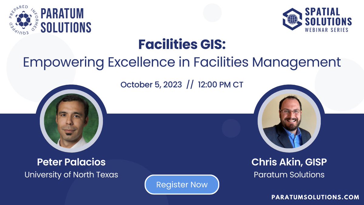 Join us Oct 5 for the next #SpatialSolutions #webinar!

Peter Palacios from @UNTsocial & Paratum's @ChrisAkin98 will discuss how @UNTFacilities improves #FacilitiesManagement w/ #GIS data & applications. #HigherEducation #campus #smartcampus

Register now: paratumsolutions.com/events/webinar…
