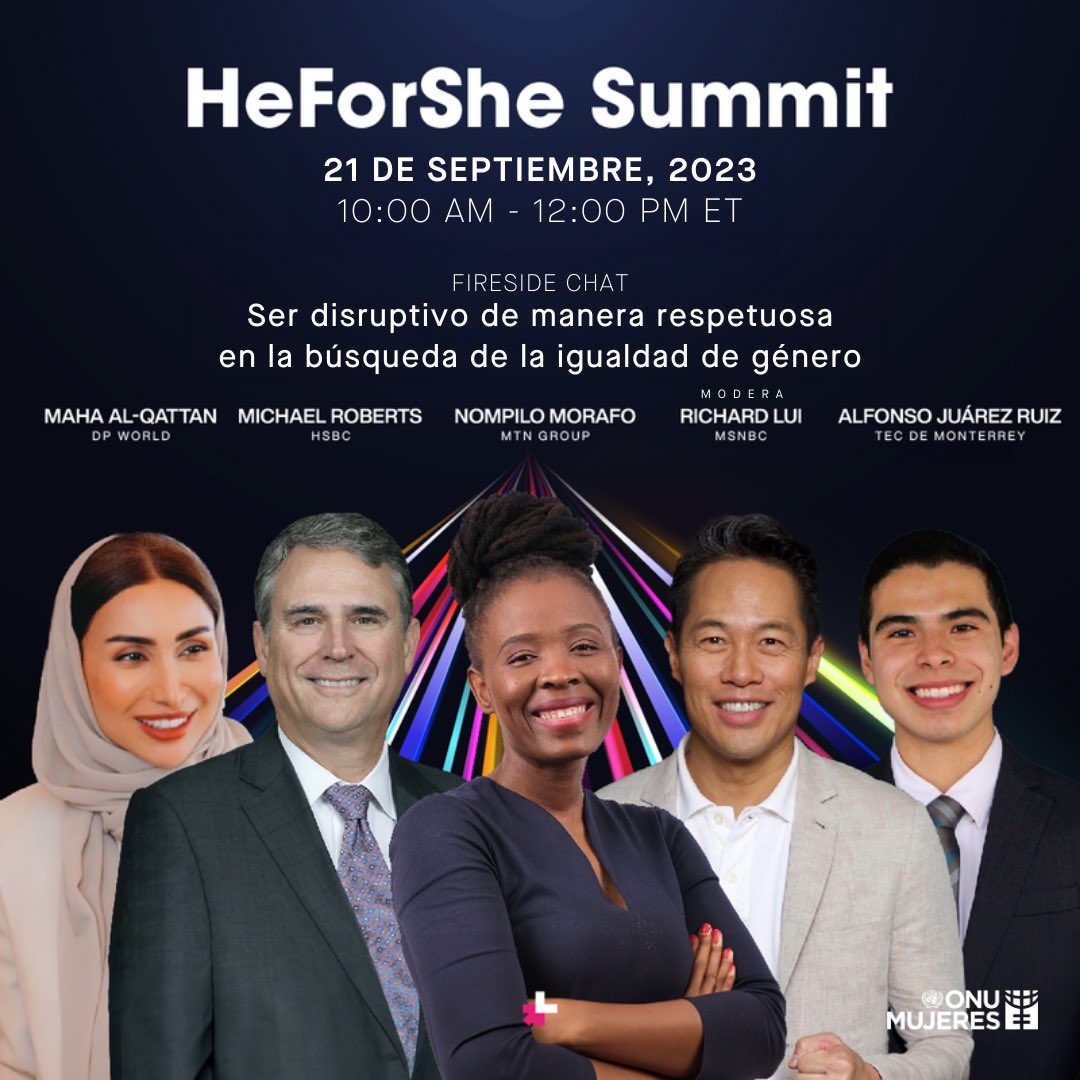 En una hora arranca el #HeForSheSummit, únete al panel con Michael Roberts, CEO @HSBC_US , Maha Al-Qattan de <a href="/DP_World/">DP World</a>, <a href="/NompiloMMorafo/">Nompilo M Morafo</a> de <a href="/MTNGroup/">MTN Group</a> y Diego Alfonso Juárez Ruiz, estudiante del <a href="/TecdeMonterrey/">Tecnológico de Monterrey</a>. 
Moderado por <a href="/RichardLui/">ʀɪᴄʜᴀʀᴅ ʟᴜɪ</a> <a href="/MSNBC/">Dannyelle</a> <a href="/HeForShe/">HeForShe</a>
🔴 youtube.com/watch?v=4SF4hg…