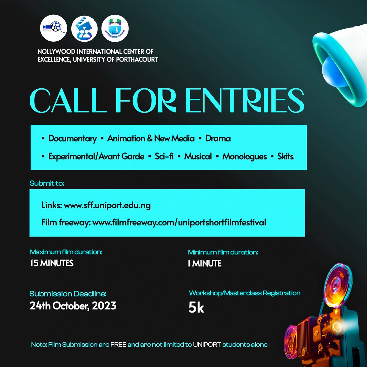 usff_uniport's tweet photo. WE ARE LIVE ๐ฅ
Calling all student filmmakers and creative visionaries! The Uniport Short Film Festival is here!!!
To submit your short films
Please visit
https://t.co/pfUrFeojyV
#USFF2023 #USFF23 #FilmFestivals #ShortFilmFestivals #callforentries #filmfest #shortfilms https://t.co/bhF25wVnsR