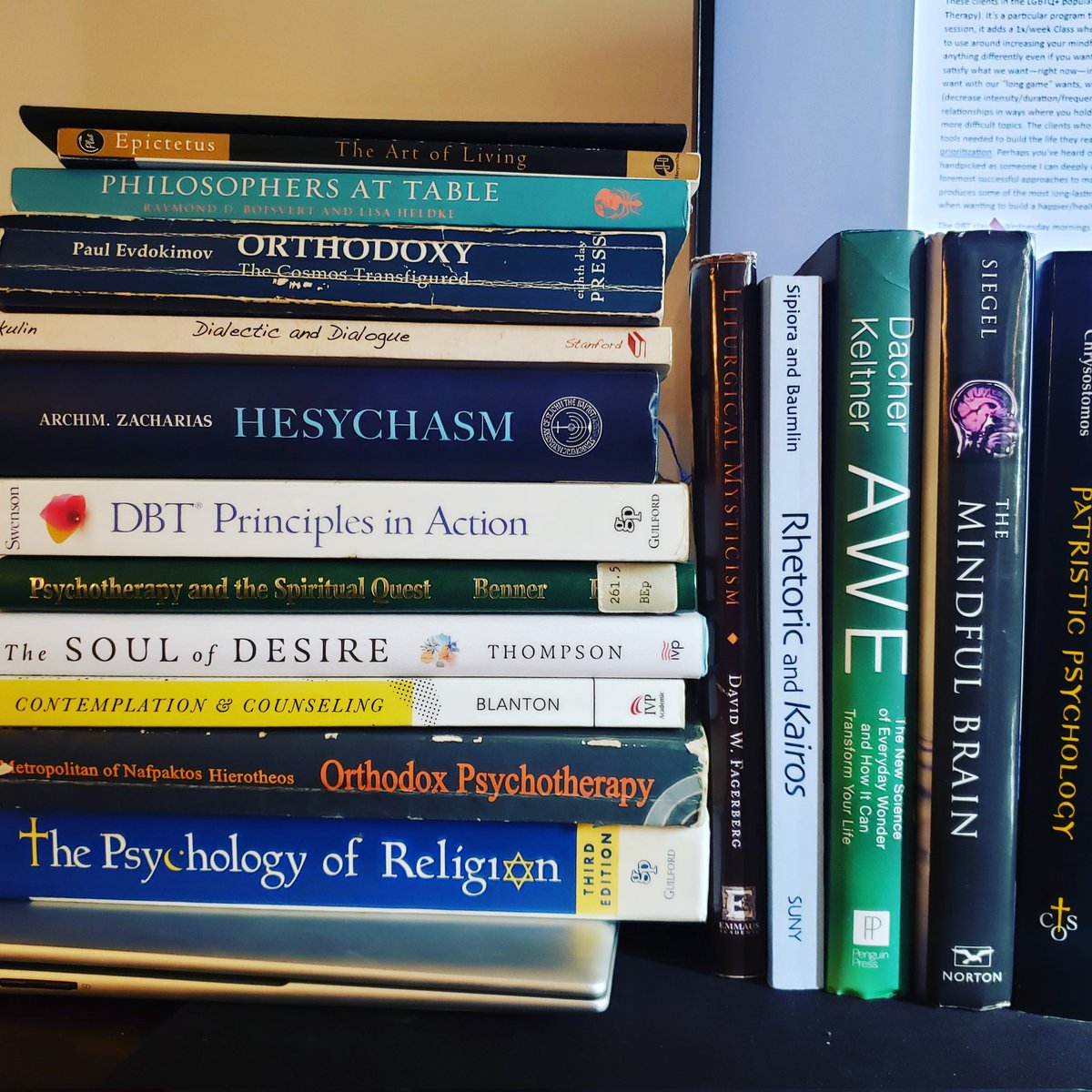 wisemindlife's tweet photo. Study/references pile from yesterday. Books from @NewHarbinger , @wwnorton
, @guilfordpress , @SVSPress, @ivpress , @SUNYPress and @eerdmansbooks What's on your desk, friends?
#therapistsreads #hesychasm #mindfulness #dbt #ipnb #orthopeeps #orthodoxy #religion #spirituality #wisdom #kairos