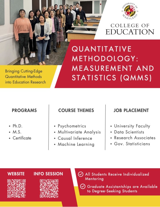 Our program Quantitative Methodology: Measurement and Statistics at UMD is accepting MS and PhD students for Fall 2024! Come attend an information session to learn more.