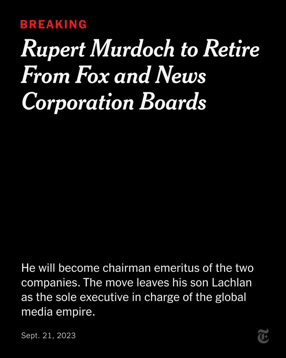 nytimes's tweet photo. Rupert Murdoch is retiring from the Fox and News Corp. boards, putting his son Lachlan Murdoch in charge of the global media empire.
https://t.co/J1xojCoMnU https://t.co/31eGM8B7h7