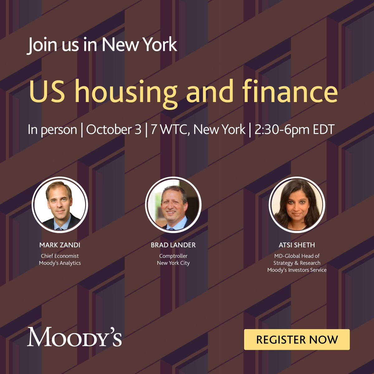Join our US Housing & Housing Finance fall briefing and networking event on Tuesday 3 October in person in New York. Explore key issues and prospects for real estate and the broader economy. 👉 See the full agenda and register here: events.moodys.com/2023-10-mcu204…