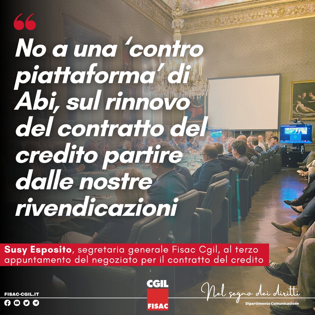 fisac_cgil's tweet photo. 🟥 'No a una ‘contro piattaforma’ di Abi. Il solo documento in campo è la Piattaforma sindacale unitaria'
📌 Susy Esposito, segretaria generale Fisac Cgil, al 3° incontro per il rinnovo del contratto del credito ➡️ https://t.co/SdrXwWXMHt

#NelSegnoDeiDiritti 
#ContrattoBancari https://t.co/qv4qfS5NBK