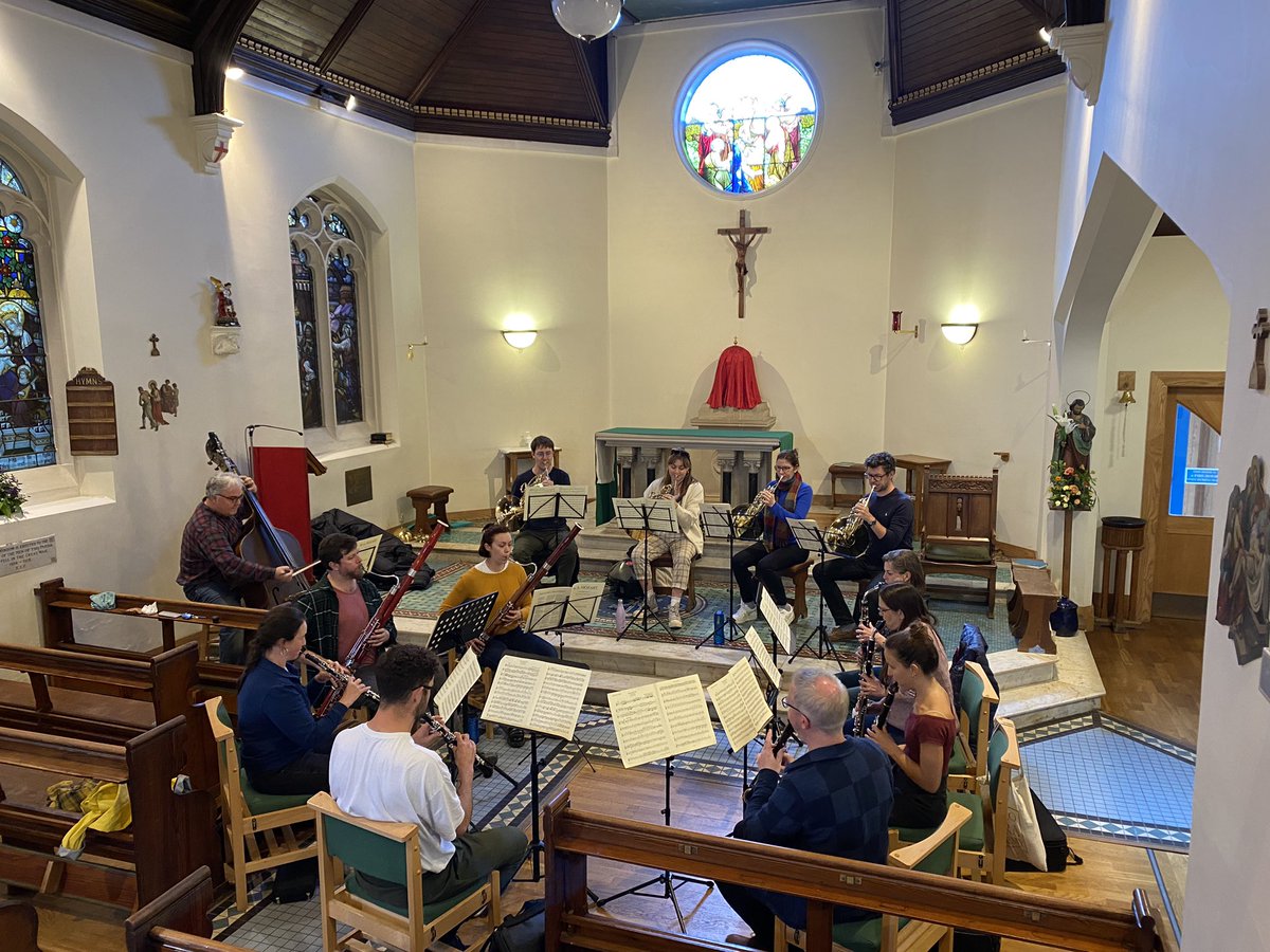 NewPathsMusic's tweet photo. The basset horns etc have arrived for rehearsals of the Gran Partita over in St John of Beverley RC Church. Lovely vibes and super sounds from these 13 musicians. https://t.co/j05VbXg8q7