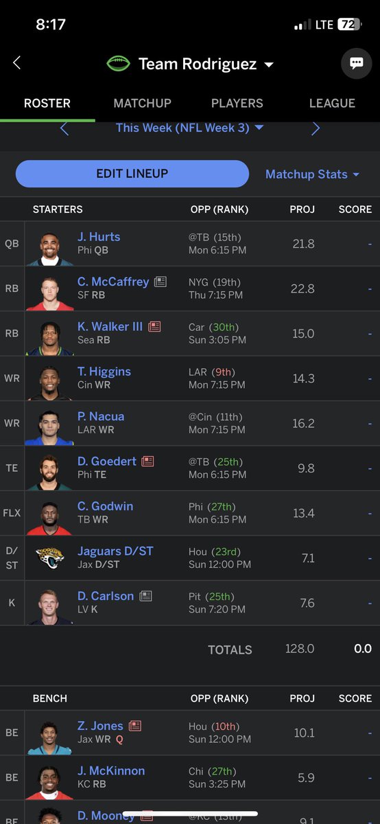 Carlos8721's tweet photo. @NFLFantasy My biggest question is if I should play Tee Higgins since Joe Burrow is still questionable, thanks for any advice. https://t.co/WsOzB8qozT