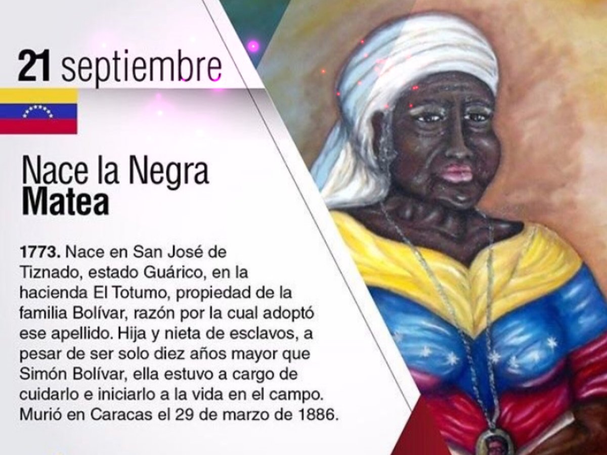 comandantedeco4's tweet photo. La Negra Matea Bolívar nació en la hacienda El Totumo, propiedad de la Flia. Bolívar en San José de Tiznados Edo. Guárico, el #21Sep de 1773. Hija de esclavos. Es de acotar que tendrá el apellido Bolívar porque los esclavos asumían el de los amos, según la costumbre de la época. https://t.co/lWY6JwDi4i