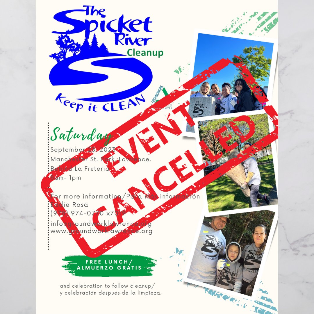 WeAreLawrence's tweet photo. Due to the inclement weather expected for Saturday, #SpicketRiverCleanup, scheduled for September 23, is canceled.
#WeAreLawrence
#SomosLawrence https://t.co/SjMicB8MBZ