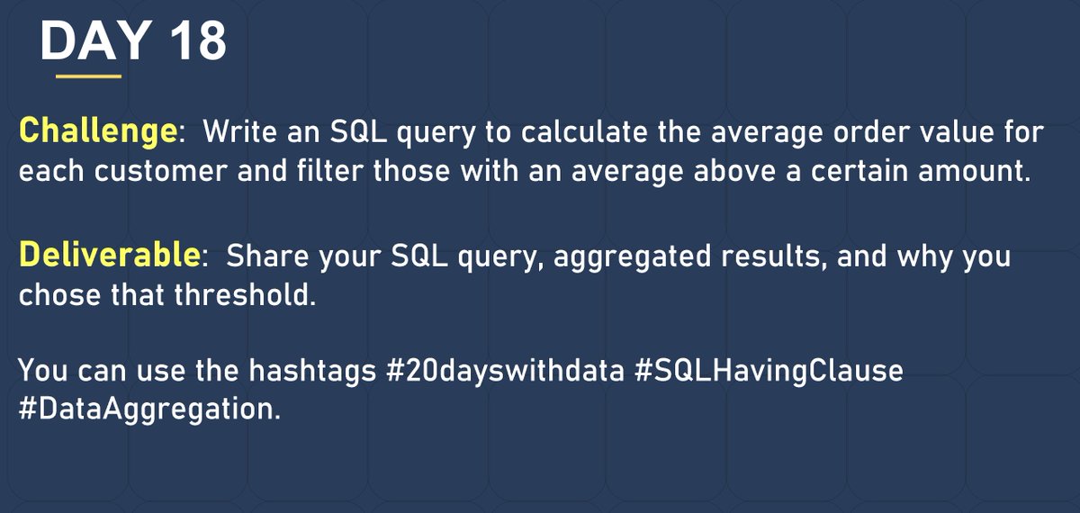 phaibooboo's tweet image. Day 18.

Today we focus on aggregation and filtration using the &apos;HAVING&apos; clause.
Lets goooo!!!!!

You can use the hashtags #20dayswithdata #SQLHavingClause #DataAggregation