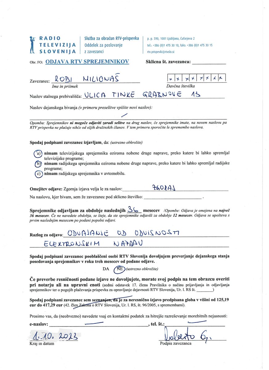 Planet_zdravja's tweet photo. Ali veste, da lahko zlahka odjavite RTV naročnino!!
Na povezavi:

https://t.co/DgQeEIML4H

najdete obrazec, ga izpolnete in pošljete. 
Prosimo za RT.  #odjava #RTVnarocnina 

Primer praznega in izpolnjenega obrazca spodaj: https://t.co/9rdmMCb9og