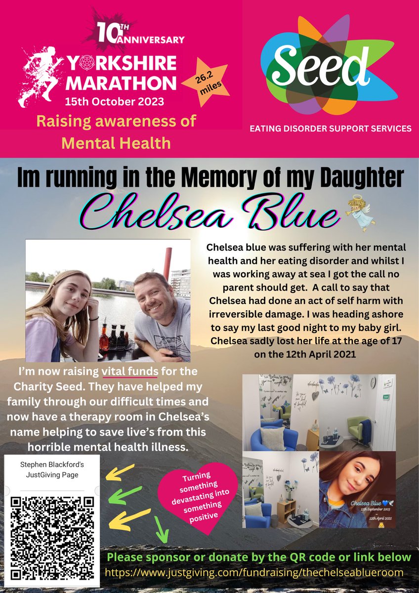 A late choice to run the event but I’m doing it to help raise vital funds for <a href="/SeedSupportUK/">SEED - Eating Disorder Support Services</a> in the memory of my daughter chelsea blue 🩵 please help and support what you can.  Eating disorders are still on the rise😪 and taking lives. justgiving.com/fundraising/th…