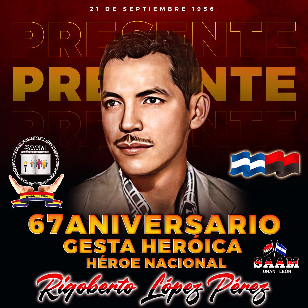 saamunanoficial's tweet photo. El Principio del Fin ✊🏼❤️🖤🇳🇮 Hace 67 años ocurrió la gesta heróica de Rigoberto López Pérez; un patriota, músico y poeta, originario de León, quien ejecutaría al dictador Anastasio Somoza García, durante una fiesta realizada en la casa del obrero en León
#PatriaBenditaYLibre https://t.co/sTsu6Zm00r