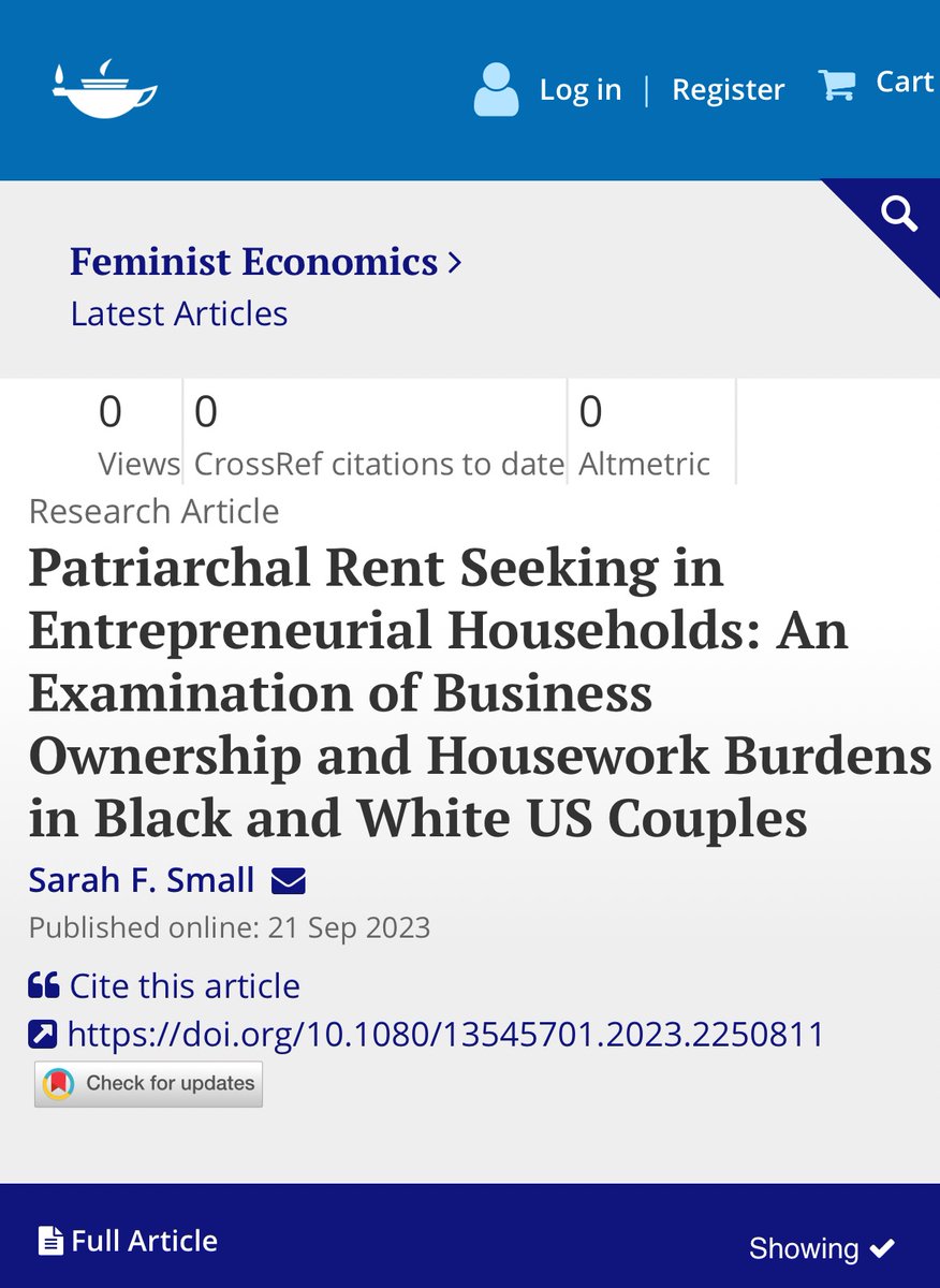 🚨New publication in @FeministEcon 🚨 Models using PSID & ATUS data find that White men are able to recede from housework during periods of business ownership. White women and Black men are not afforded this advantage.