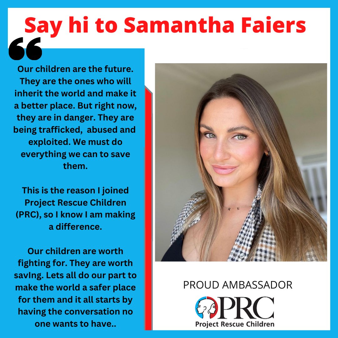 Absolutely love this woman & her passion to help kids from trafficking & exploitation! 

Introducing our newest Ambassador, Samantha, @SamanthaFaiers who has demonstrated unwavering dedication and support for PRC over the past few years. She has fervently worked towards raising