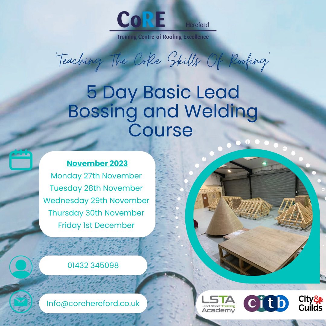 November - Basic Lead Bossing &amp; Welding course 

The wet &amp; cold winter months are the perfect time to come indoors and learn new skills! 

Get in touch for more details

#corehereford #core #lead #leadbossing #leadwelding #newskills #upskilling #roof #roofer #training