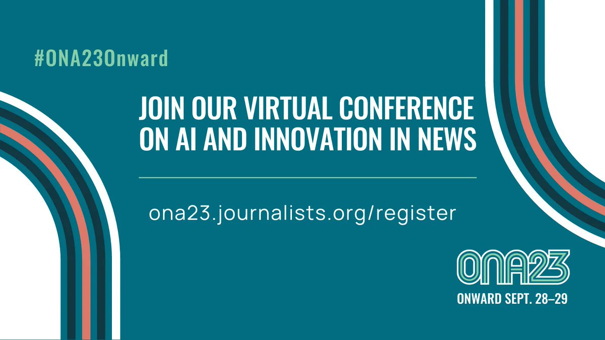 #ONA23Onward is one week away (Sept. 28-29)! For this AI- and tech-focused virtual mini-conference, we’ve got a great collection of speakers and topics relevant to newsrooms everywhere. Register now: ona23.journalists.org/register