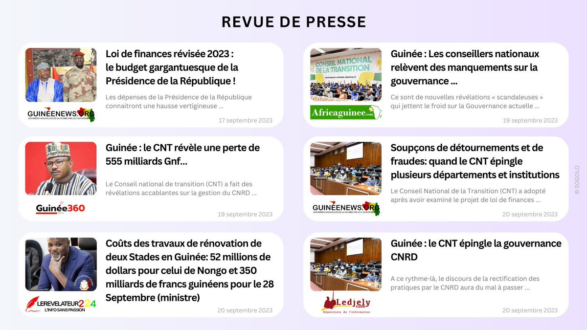 Le niveau d’opacité qui caractérise la gouvernance sous la junte guinéenne contraste fortement avec la transparence tant clamée dans la gestion des affaires publiques.

Les scandales financiers continuent de se succéder comme le montre la revue de presse ci-dessous :