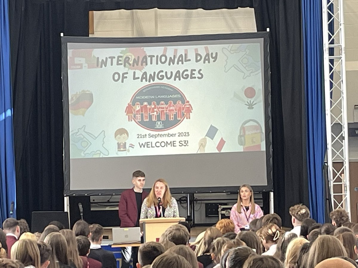 StrathavenML's tweet photo. Our assembly for International Day of Languages kicked off (⚽️) by Ms Baran and Miss Stuart (featuring our lovely linguist Cammy F in the background!) https://t.co/chvneu9CCf