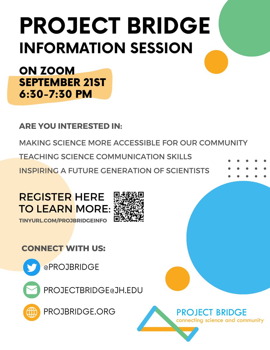 Are you looking for a way to get involved in science communication here at Hopkins? Join us TONIGHT at 6:30PM on Zoom to learn about opportunities with Project Bridge to conduct outreach in Baltimore and share our science with the community! Register here: tinyurl.com/projbridgeinfo