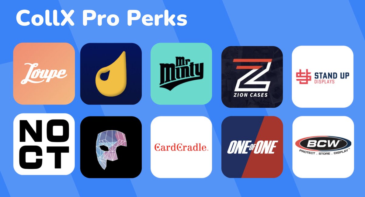CollX_App's tweet photo. CollX Pro Perks! 

Brand new list of exclusive discounts from 10 hobby partners, including @Zioncases, @SlabStrong, @1of1_mc, @standupdisplays, @nocitydesign, @thecardcradle and more!