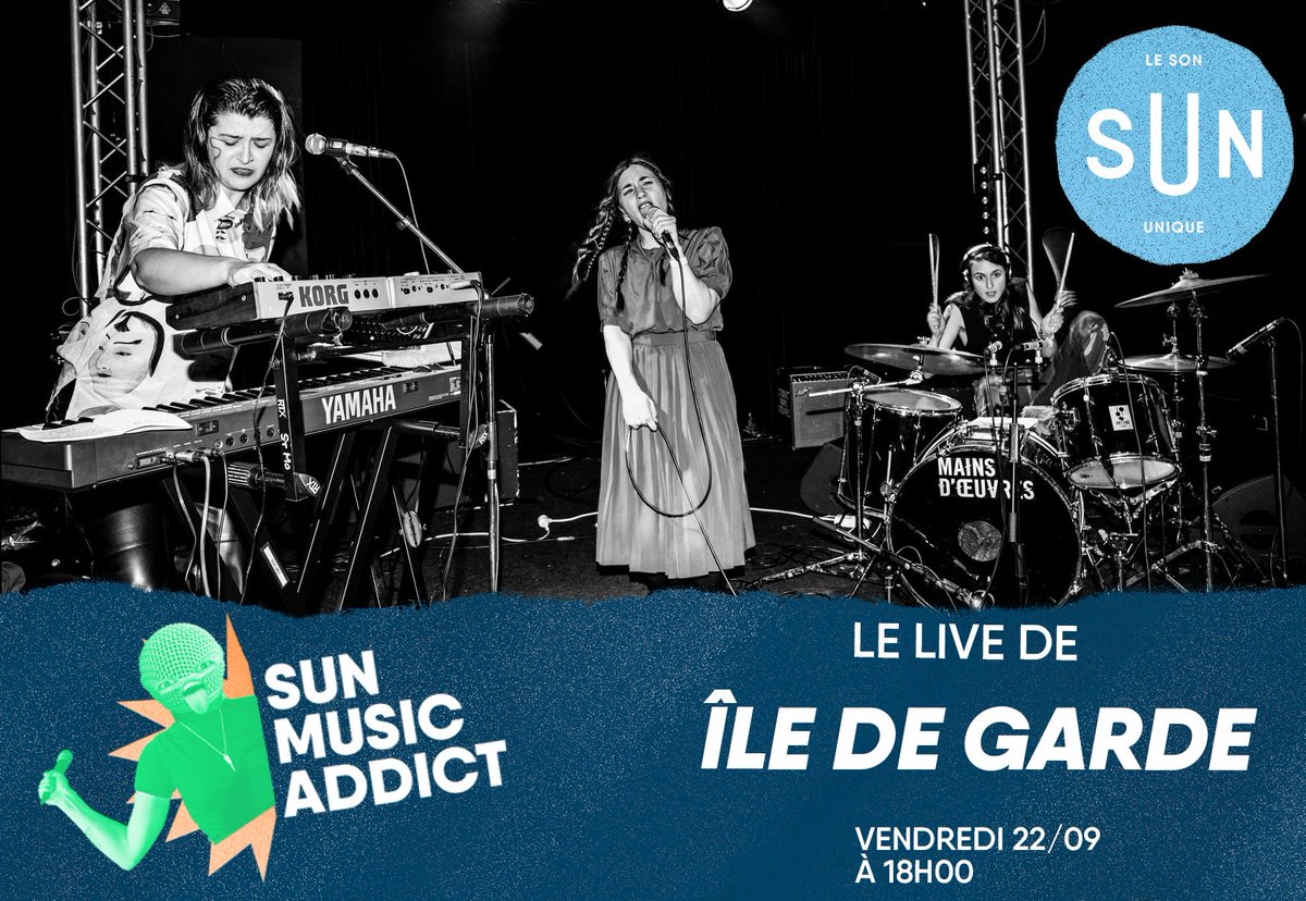 LeSonUnique's tweet image. Synthés aériens, voix engagées et batterie aux rythmes entrainants, le trio féminin - #ÎledeGarde vient dériver au gré d’influences variées vendredi soir dans le #SUNMusicAddict.
👉RDV demain à 18h00 sur SUN 🎶

#musiquelive #radio #concert