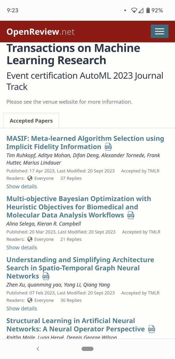 TMLR (<a href="/TmlrOrg/">Transactions on Machine Learning Research</a>) had a successful partnership with <a href="/automl_conf/">AutoML_conf</a> #AUTOML23, featuring four TMLR papers in the journal-to-conference track at their event! Check them out here: openreview.net/group?id=TMLR/…

I wonder what other conference partnerships TMLR will see next 👀🤔