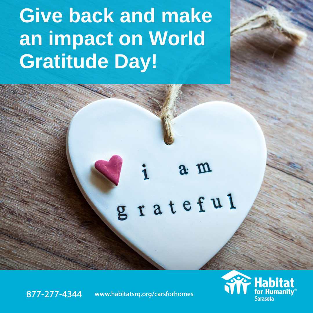 Today, we're celebrating gratitude &amp; the incredible power it holds to create positive change. When you donate your vehicle, you're not just letting go of a car – you're giving families in Sarasota a chance for a brighter future. Visit Cars for Home: habitatsrq.org/carsforhomes