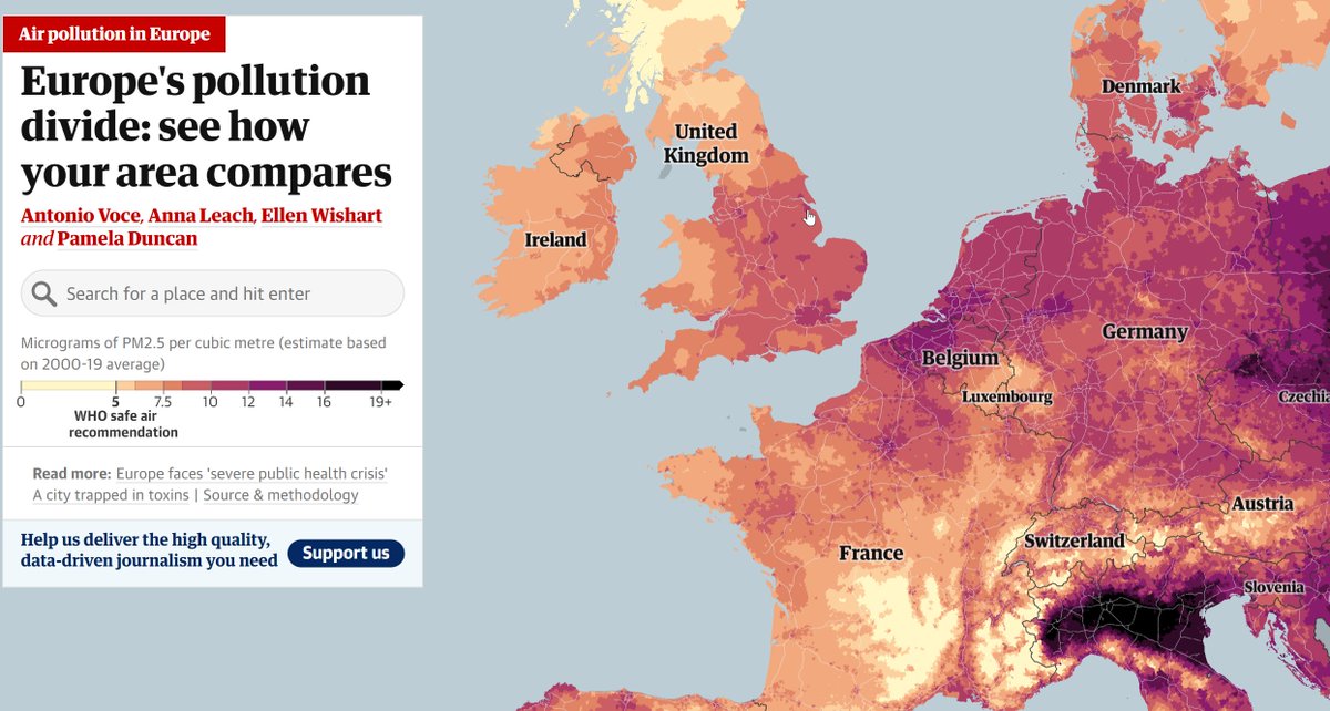 How good is the air we breathe? The Guardian provides a new interactive map about the distribution of air pollution in Europe. 
lnkd.in/e6wuMAK7

#airpollution #climateaction #maps #geohealth #health #pollution #environnement #environmentalsustainability #environment