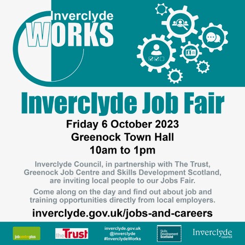 Come along to the Inverclyde Jobs Fair on 6 October and find out about local employment & training opportunities @inverclyde inverclyde.gov.uk/jobs-and-caree… Need employment support? Why not register with the Trust? Call 01475 553343 or email appointments@the-trust.org.uk