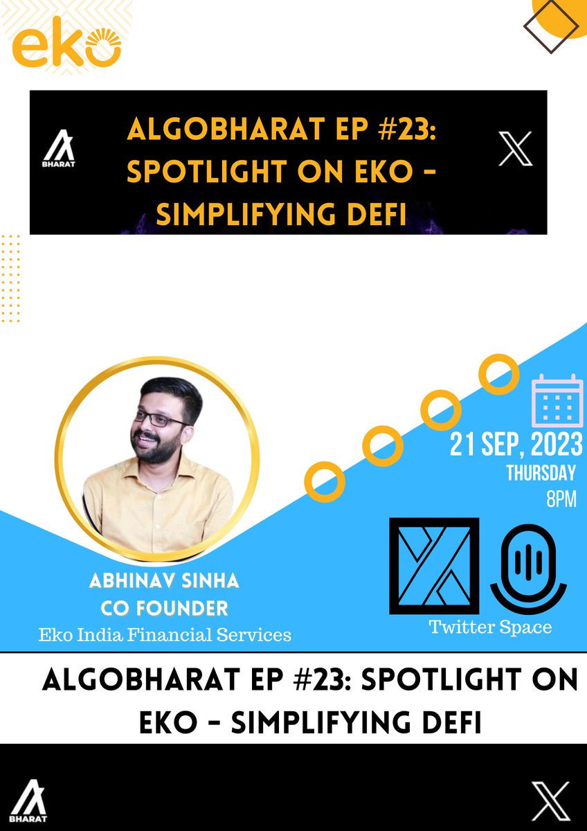 Our Cofounder <a href="/sinhabhinav/">Abhinav Sinha</a>  will be LIVE on X Space today at 8pm IST.
He is on spotlight today by 
<a href="/Algo_Bharat/">AlgoBharat</a>, <a href="/Algorand/">Algorand Technologies</a> and will be talking about how to simply DEFI.

Register here: zurl.co/TDt6 &amp; tune in at 8pm IST.

#ekotalks #founderstalk #algorand #algobharat