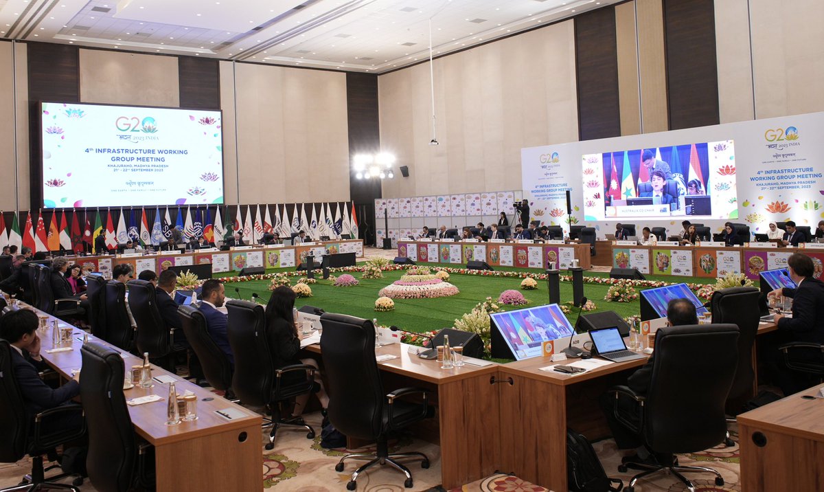 g20org's tweet photo. On Day 1 of the 4th Infrastructure Working Group Meeting in #Khajuraho, delegates deliberated upon ways to make 'Cities of Tomorrow' inclusive, resilient and sustainable. On the sidelines, they also participated in discussions on 'Scaling up Private Investment in Urban Infrastructure’ and ‘Mobilisation of Private and Commercial Finance by Cities.’

#G20India #IWG
