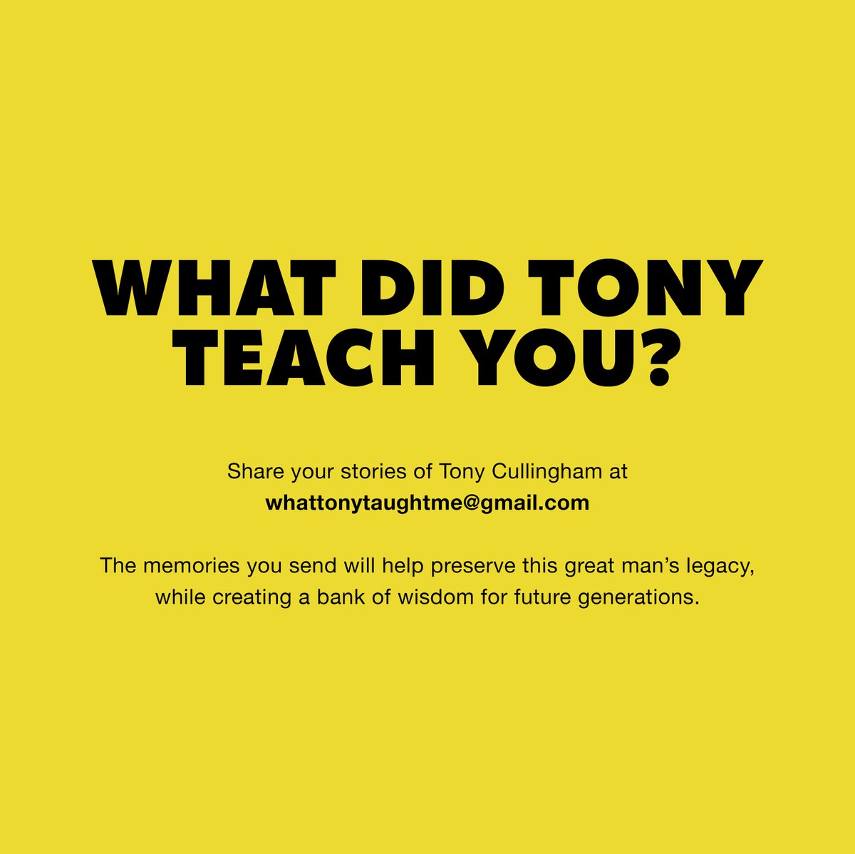 WHAT TONY TAUGHT ME. In honour of the great man, Watford alumni <a href="/CreativeBrummie/">Dan Scott ✐</a> and <a href="/hellomartinreed/">Martin Reed</a> with permission from the family have set up an email to collect everyone's memories/stories of Tony Cullingham. The goal being to preserve his legacy for future generations.