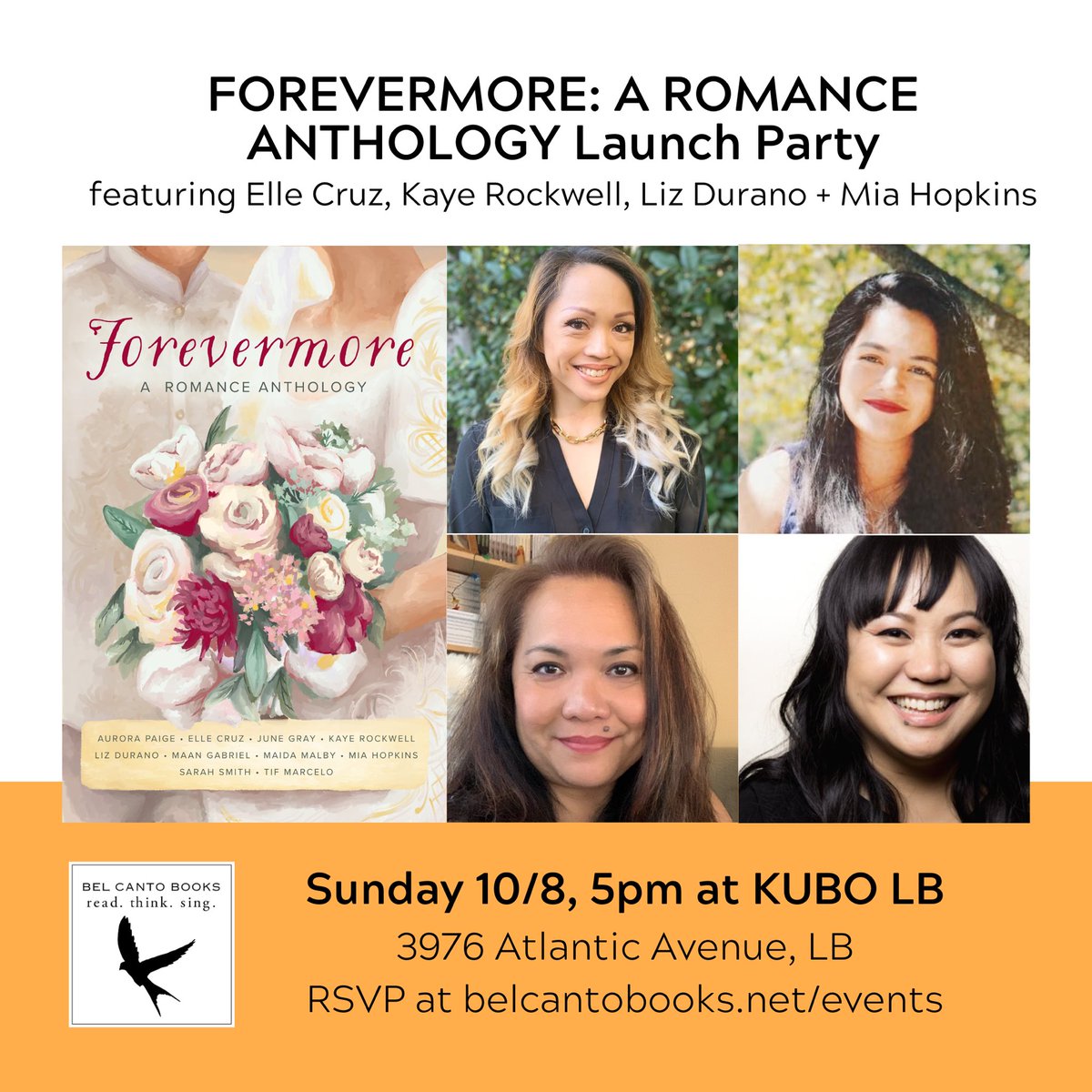 BOOK LAUNCH PARTY! Join <a href="/ellecruzauthor/">Elle Cruz</a>, @authorkrockwell, #lizdurano and me on 10/8 5-7pm at <a href="/belcantobooks/">BelCantoBooks</a> at KUBO LB to celebrate the release of FOREVERMORE! Q&amp;A, signing, giveaways. #romancelandia It’s free! RSVP and preorder: eventbrite.com/e/forevermore-…