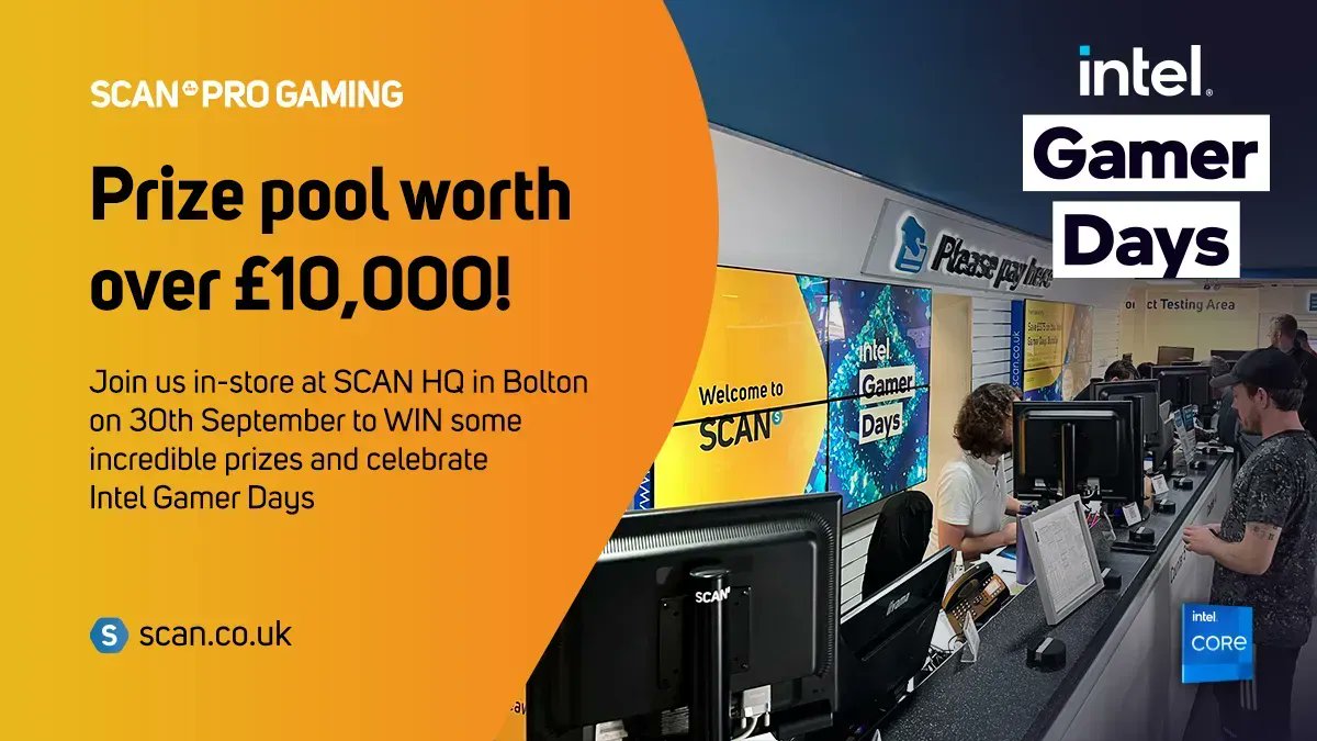 Get ready for Intel Gamer Days! 🎮 🕹️ 
Come on down to Scan Computers 30th September for a chance to WIN some amazing prizes and celebrate #IntelGamerDays