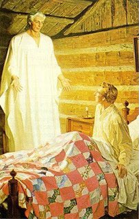 Painting of Joseph Smith in his bed looking up at the Angel Moroni, dressed in bright glowing white