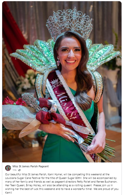 SchexJny's tweet image. Join me in wishing good luck to Miss St. James Parish, Kami Hymel, and to all of the contestants this weekend as they compete for the title of #QueenSugar at the #LouisianaSugarcaneFesitval in New Iberia.  #feedyoursoul #LAfairsandfesitvals