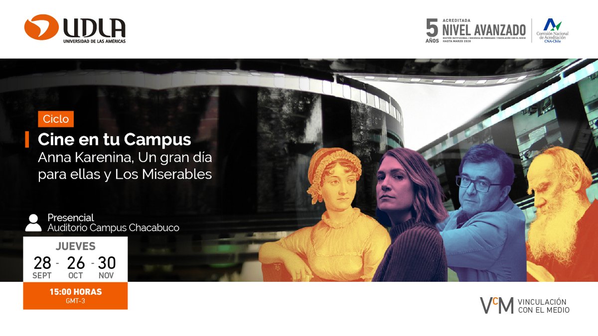 valeortiz's tweet photo. Vinculación con el Medio de @UDLA_CL, invita al Ciclo Cine en tu Campus, donde presentará las películas: Anna Karenina, Un gran día para ellas y Los Miserables.
INSCRÍBETE Y RESERVA TU CUPO: https://t.co/uC1SlaYkej https://t.co/q0eL9RArLp