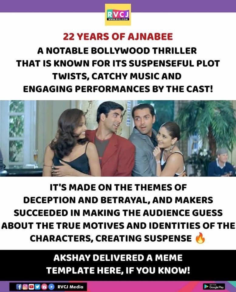 22 years of Ajnabee!

#ajnabee #akshaykumar #bobbydeol #kareenakapoor #bipashabasu #abbasmustan #bollywood #rvcjmovies @akshaykumar @thedeol @bipsluvurself @theabbasmustan