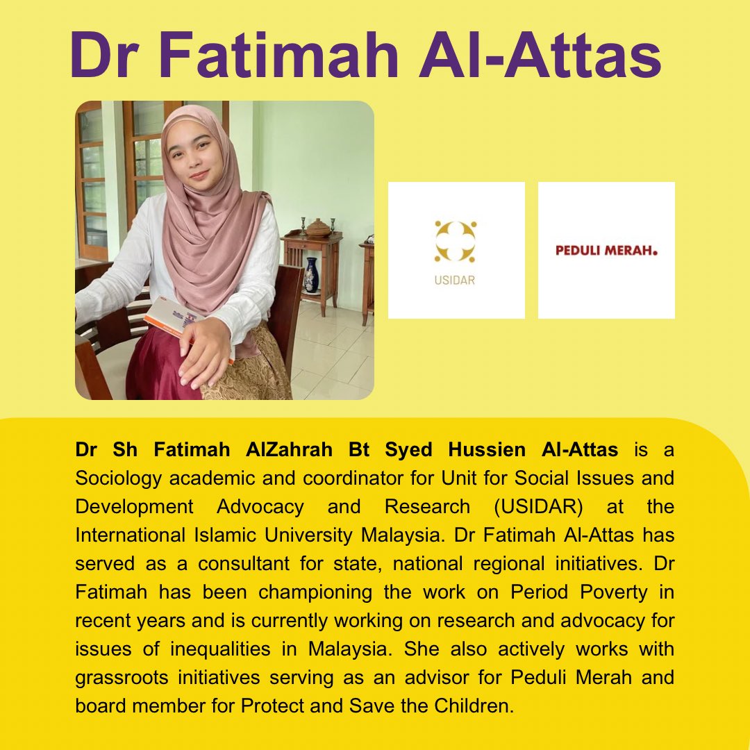 MsianDocs4Women's tweet photo. ✨Introducing Dr @FatimahAl_Attas who will be speaking to us about #periodpoverty in #Malaysia. 

🩸✨ Join us, @pedulimerah, The Endometriosis Association of Malaysia on this International Day of the Girl Child as we shed light on crucial issues affecting girls and women. 💪🌍 https://t.co/YVAIKZpdvr