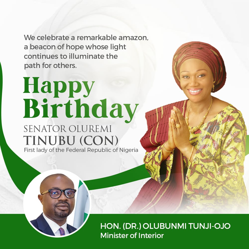 Abraham2095's tweet photo. Happy Birthday to Nigeria's First Lady! Your grace, charm, and dedication to our nation are truly inspiring. May your day be filled with joy, and your year ahead be filled with success and fulfillment. ๐๐ณ๐ฌ #HappyBirthdayFirstLady https://t.co/IaoxeJCdKo
