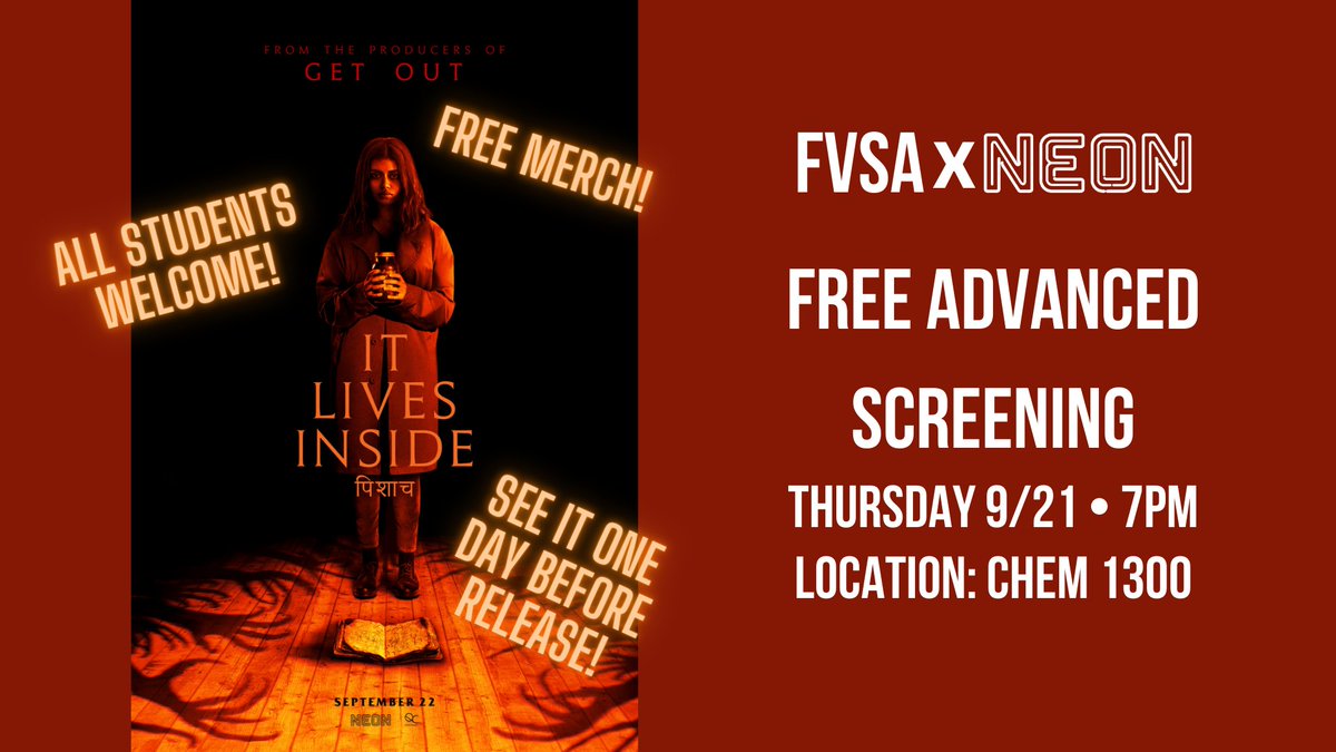 UMichFTVM's tweet photo. FVSA is partnering with NEON to host an early screening of their upcoming film, IT LIVES INSIDE -- TODAY, Thursday, September 21, at 7pm, in CHEM 1300. There will be free merch and posters! We hope to see you there! https://t.co/bOC8SMi3W4