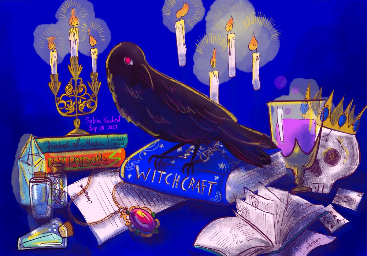 NachedSelma's tweet photo. The raven's premonition. 🌟💜
#digitalillustration #fresco #raven #candles #witchcraft🔮 #magical #magic #witchcraftbooks #poison  #potion #visualart #viaualstorytelling #crystal #skull #illustrationartist #historyofmagic #spookyseason #fall #fallvibes🍁 https://t.co/dAdZo7Gcys