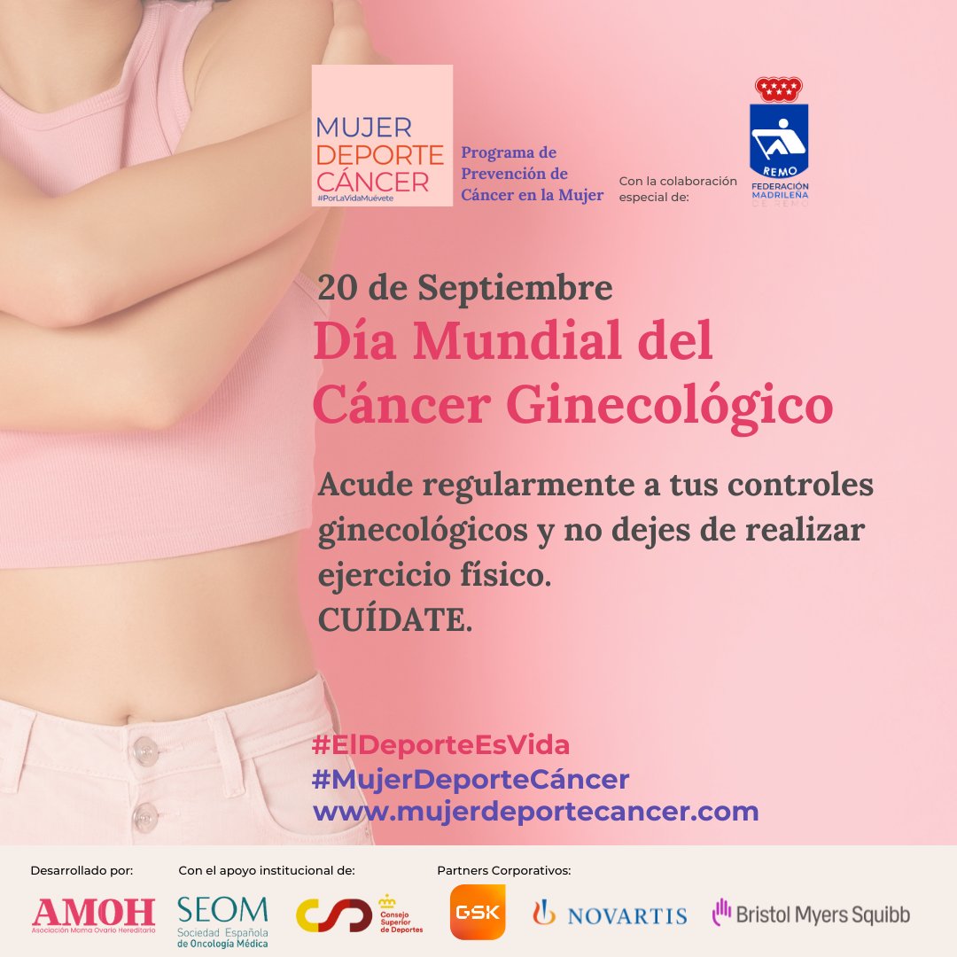 Con motivo del Día Mundial del Cáncer Ginecológico os recordamos la importancia de las visitas médicas periódicas y de los beneficios del ejercicio físico.

<a href="/mujerdeporteca/">mujerdeportecancer</a>
@amohasociacion
<a href="/deportegob/">CSD</a>
#CancerGinecologico #MujerDeporteYCancer #ElDeporteEsVida
<a href="/_SEOM/">SEOM</a>