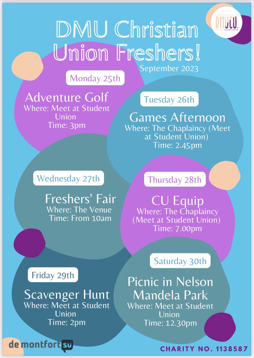 DMUCU's tweet photo. Next week is Freshers' Week! And we are so excited to meet you all🎉
Message us if you have any questions and if you haven't already, click the link in our bio to join the group chat and chat to people before hand! See you next week! 
#freshersweek #uccf #christianunion https://t.co/0sCFGFqERV