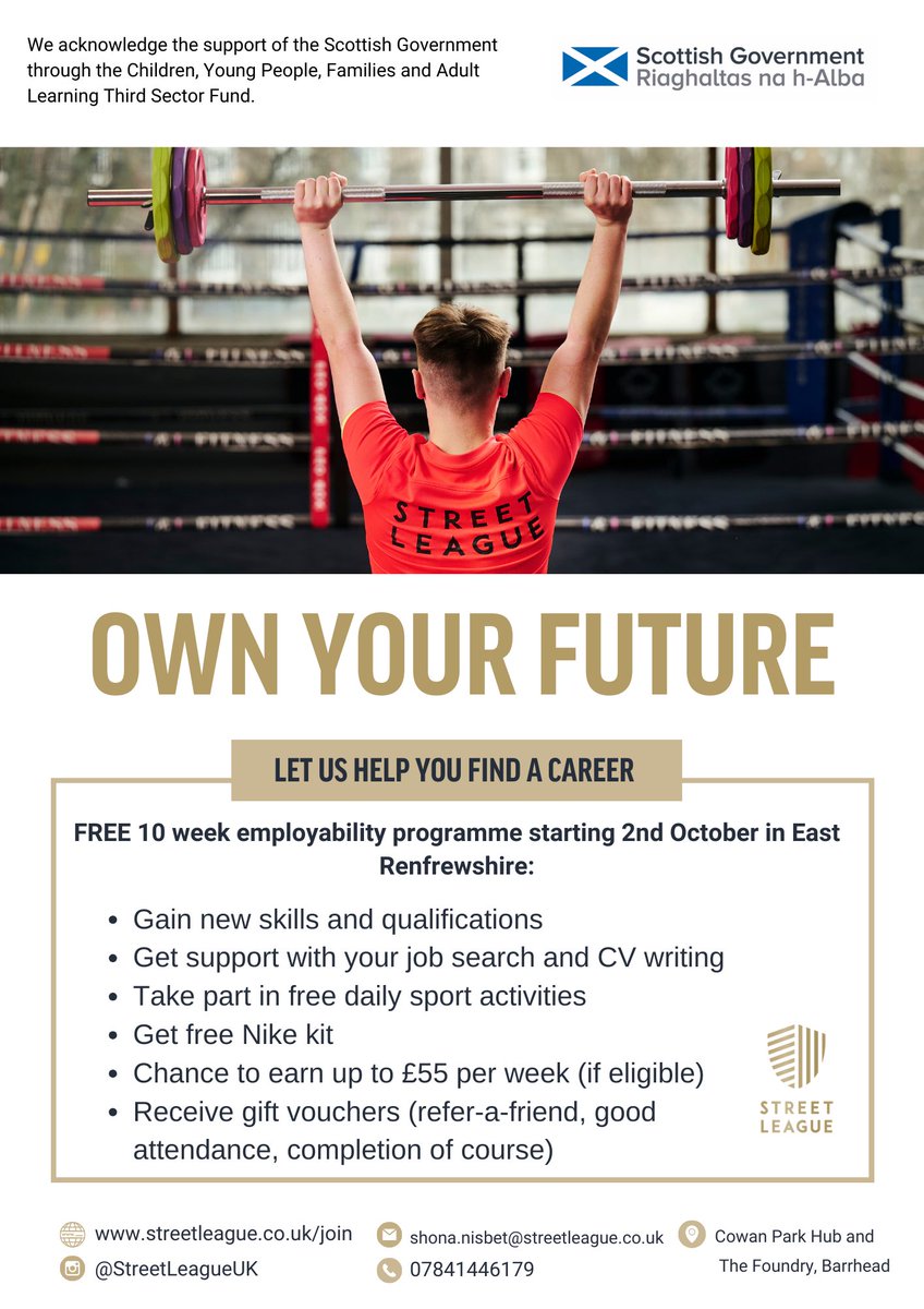 Our next programme in #EastRenfrewshire is starting soon and spaces are filling fast 🤩

Are you aged 16-24 not in employment, education or training ??? 

Get in touch today for more info ‼️